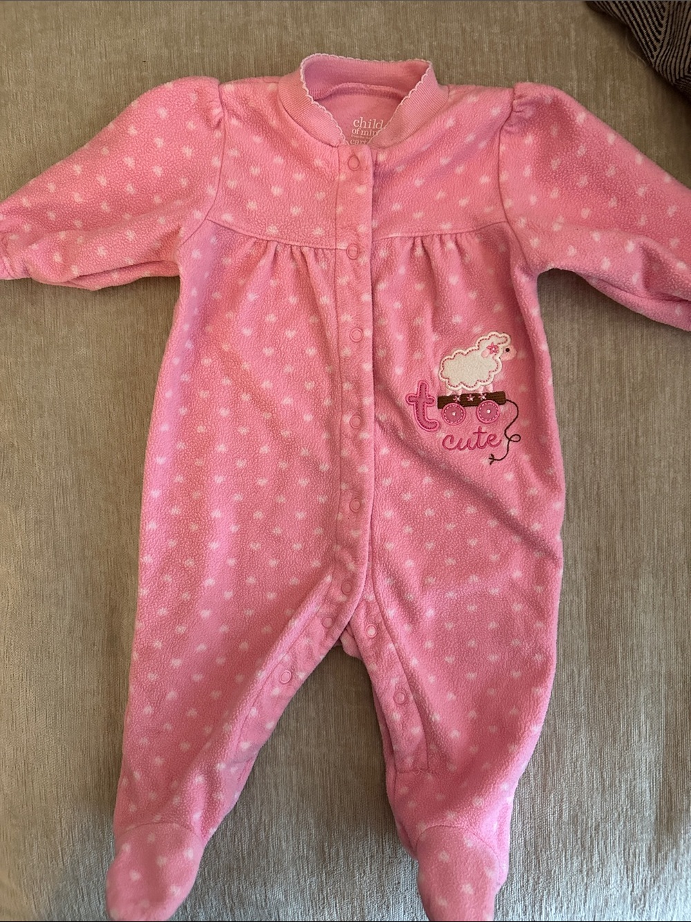 child of mine Pink Polka Dot Fleece Footed One-Piece with Sheep Embroidery